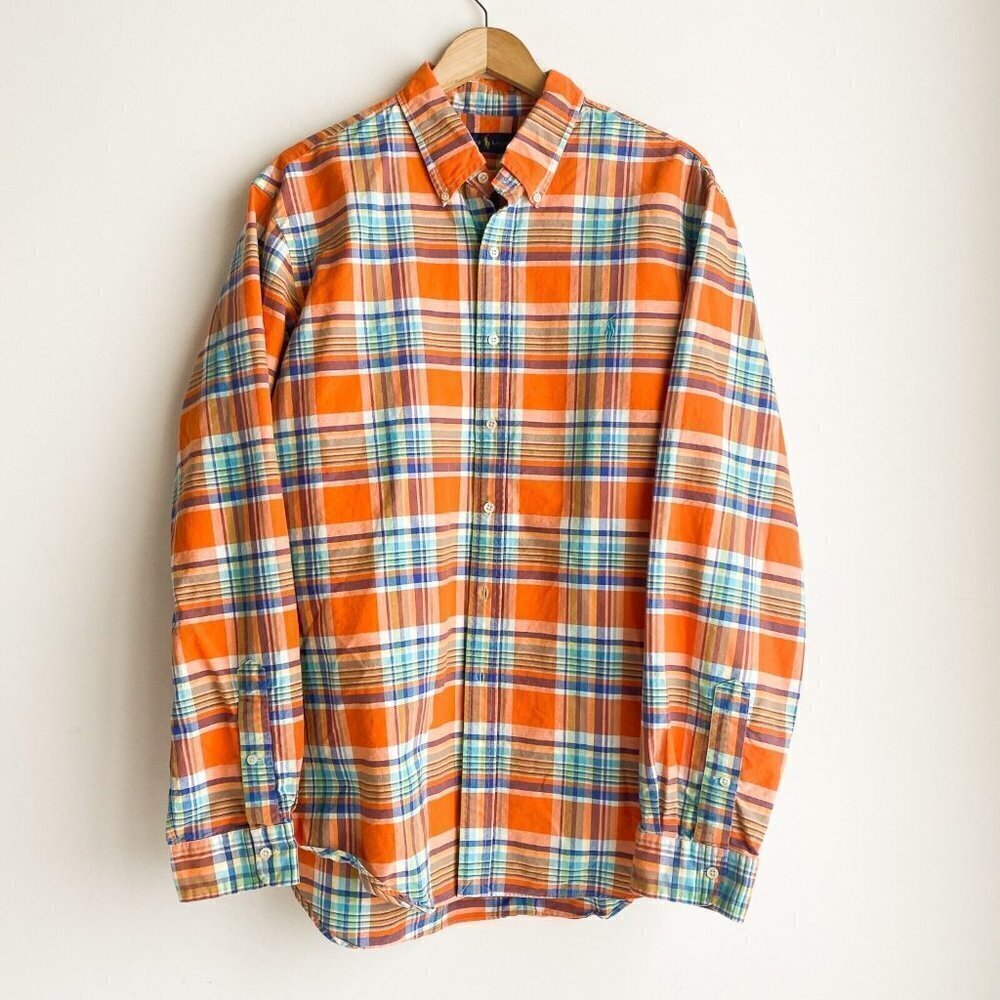 Vintage Ralph Lauren Bright Ornage Blue Plaid Button Down Casual Cotton Shirt XL